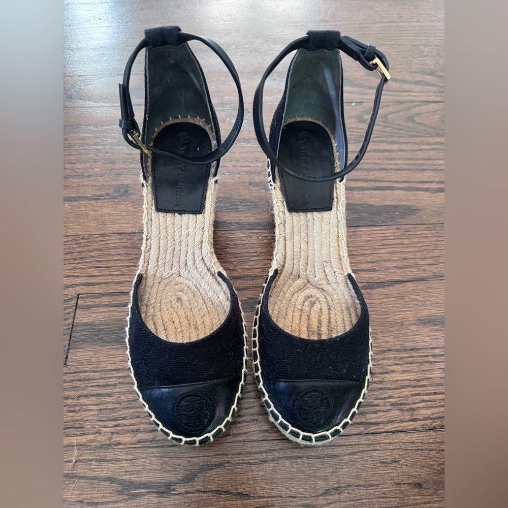 Tory Burch Black Espadrille Wedge Sandals with Ankle Strap